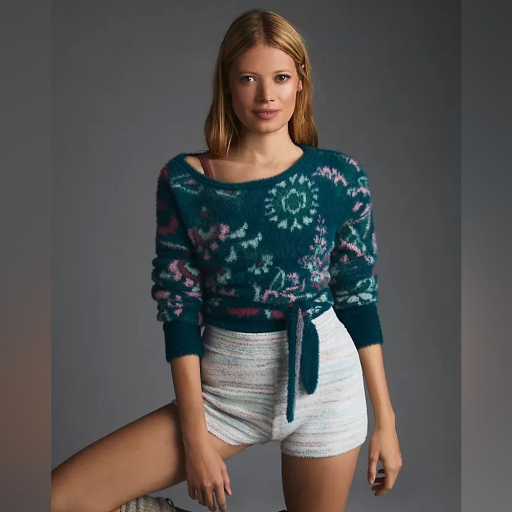 Anthropologie Daily practice Teal fuzzy teddy faux fur Sweater open back